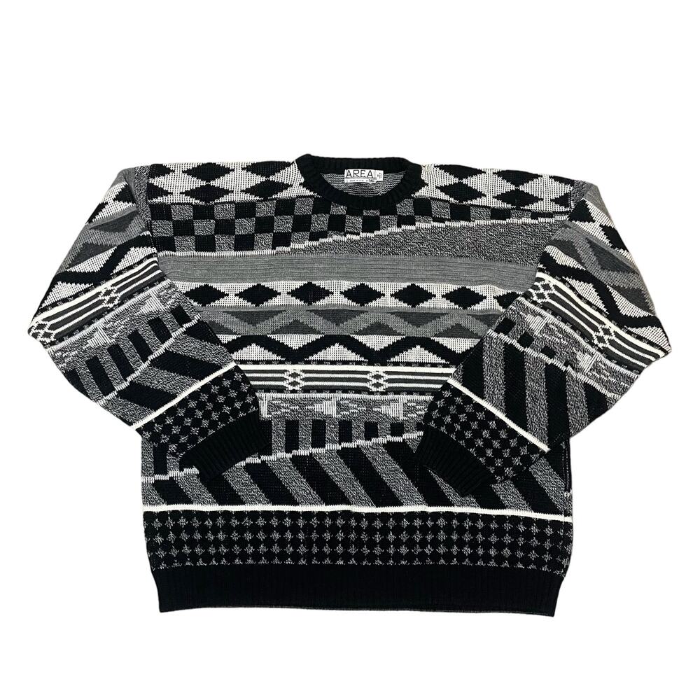 Area by TAG Sweater Vintage Knit Black White Retro Grandpa Geometric USA Size 1X